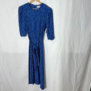 Royal blue flowered Rayon Elbow Length Sleeve Belted Elastic Waist Dress Size 10